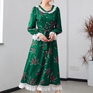 Floral print embroidered mesh trim belted dress